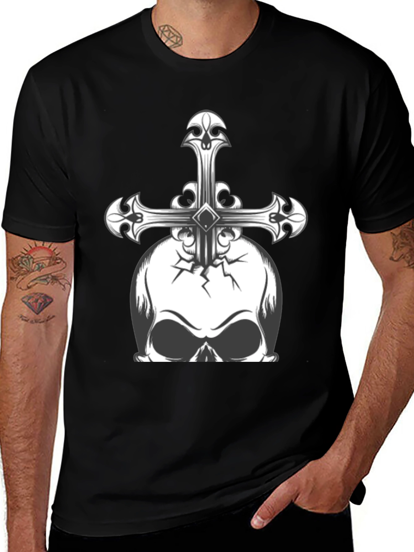 Variant 6 of Skull & Cross Graphic Tee - Gothic Style Black T-Shirt