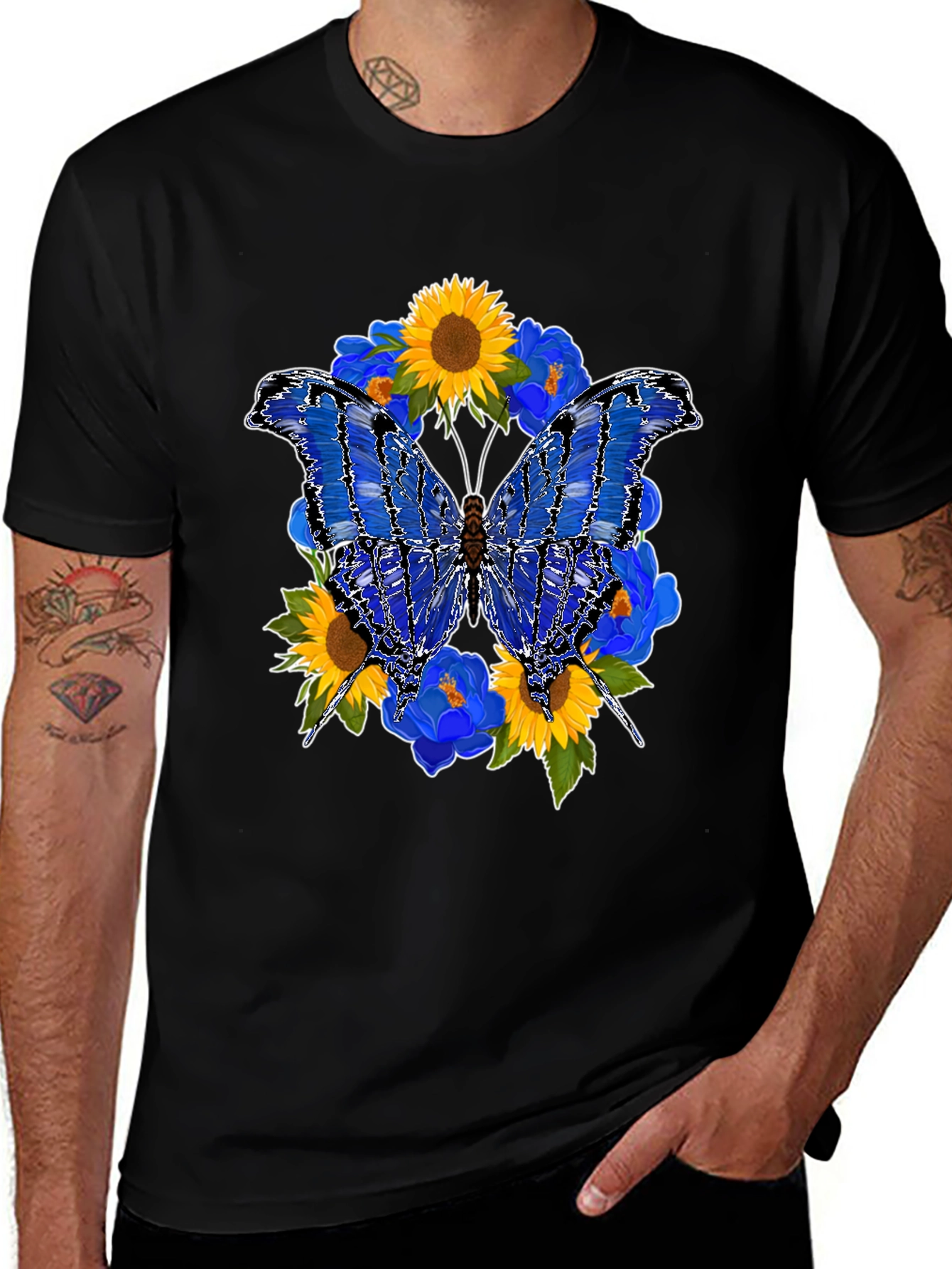 Variant 22 of Butterfly Sunflower Graphic Black T-Shirt