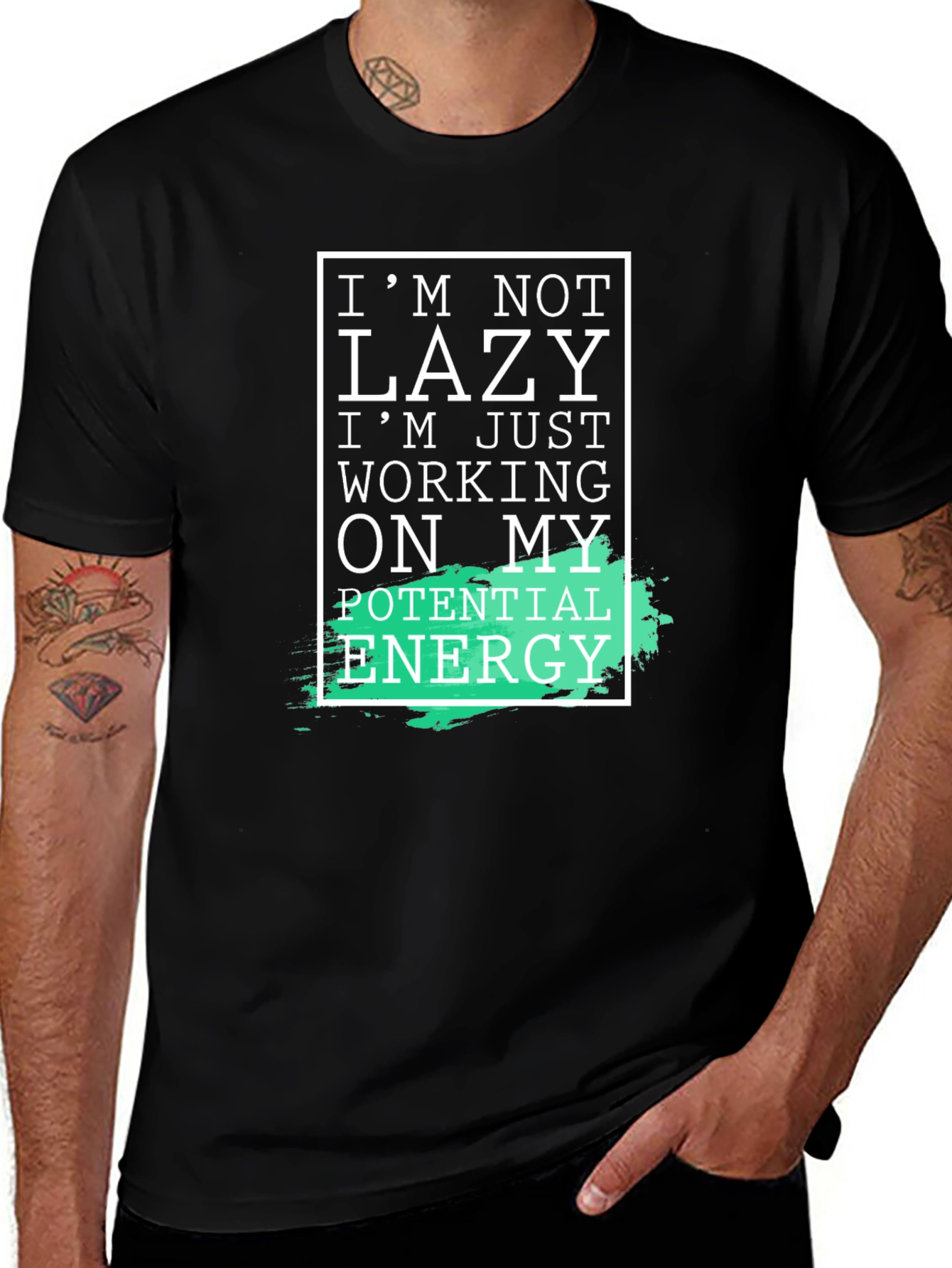 Variant 13 of Funny Lazy Potential Energy Graphic Tee - Black