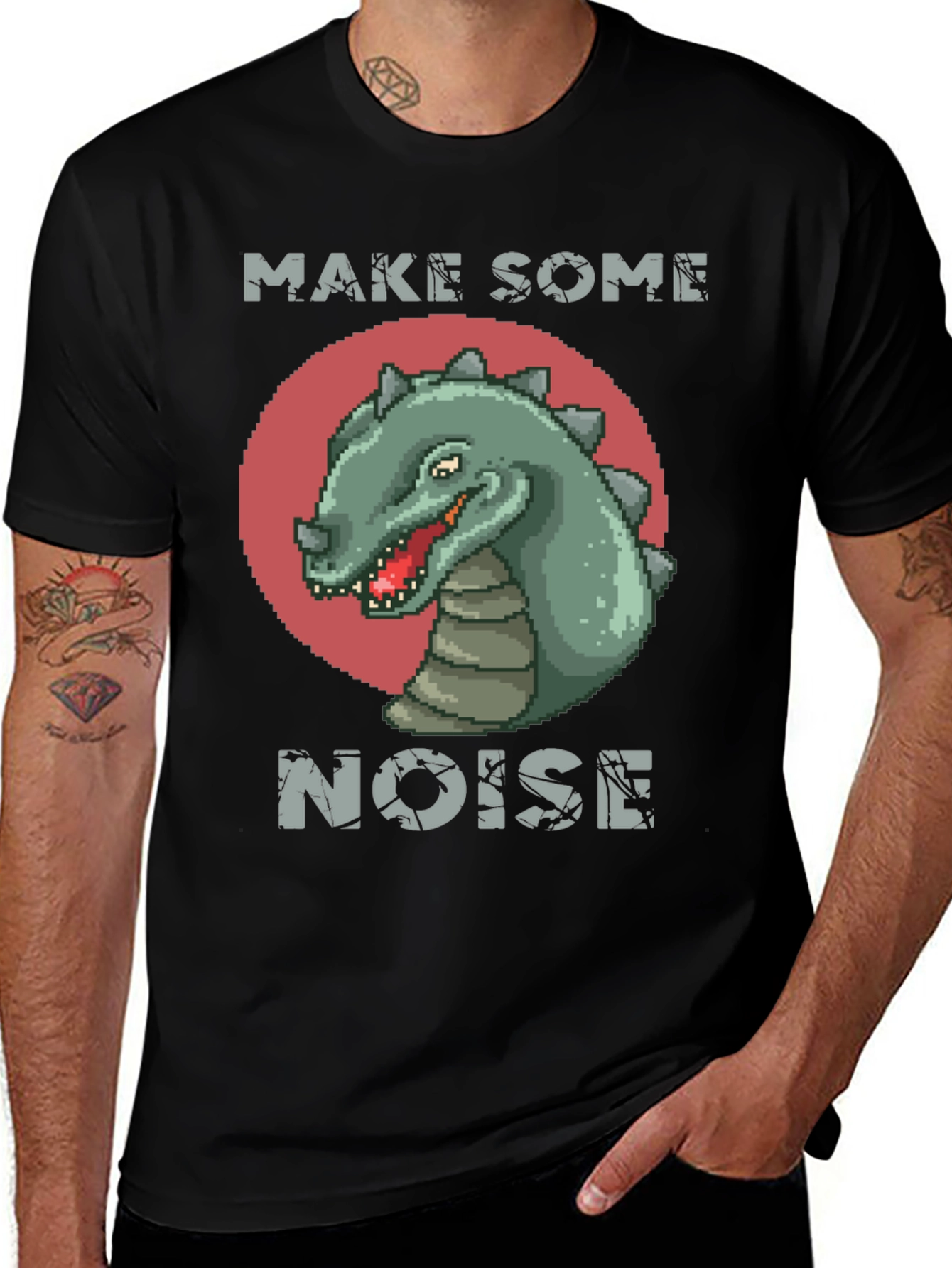Variant 28 of Retro Dinosaur Graphic Tee - Make Some Noise Black T-Shirt