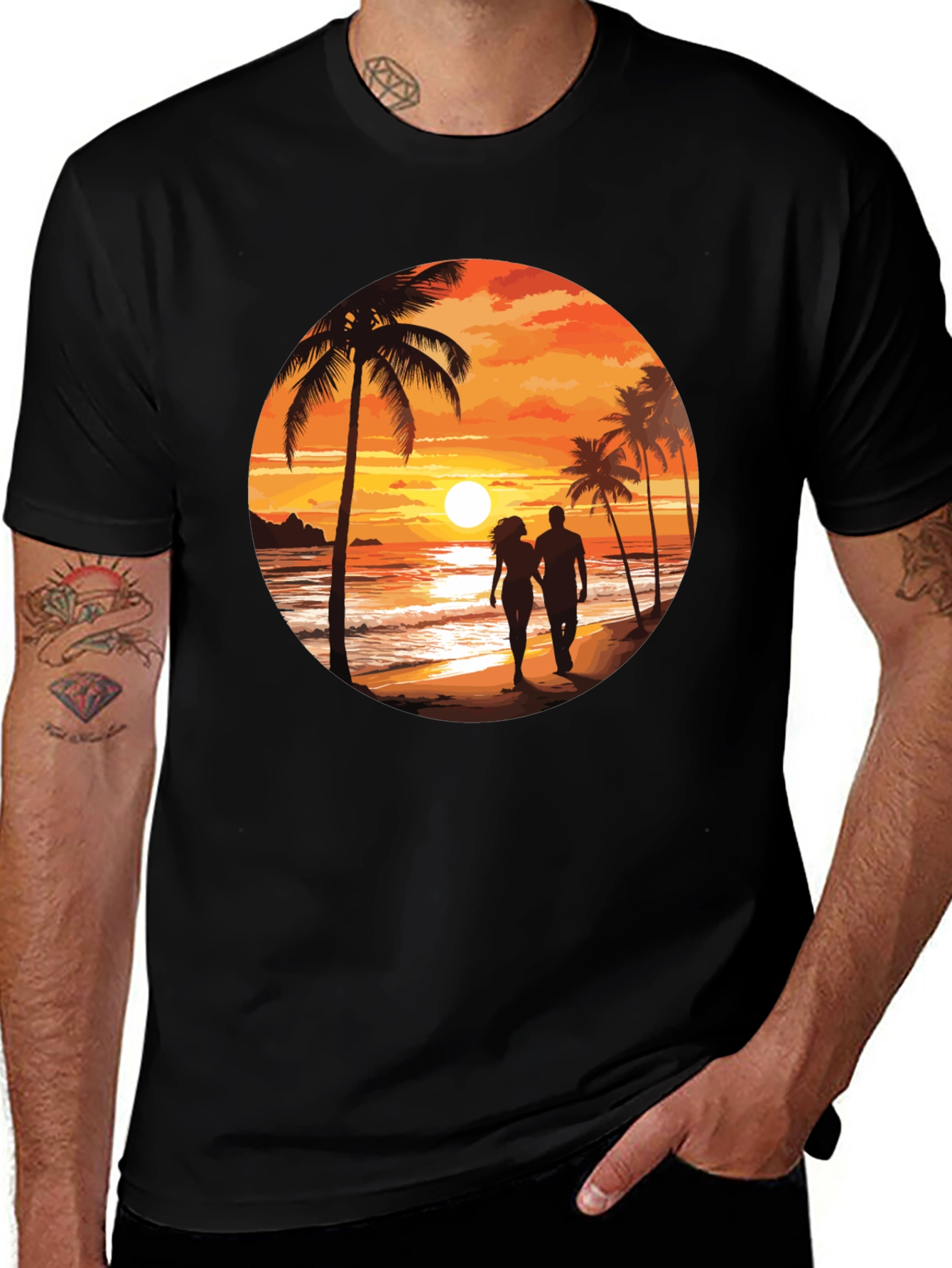 Variant 30 of Sunset Beach Couple Graphic Tee - Soft Black Cotton T-Shirt