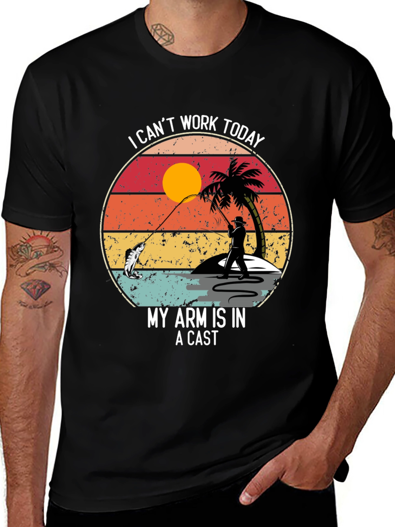 Variant 21 of Fishing T-Shirt: 'I Can't Work Today - Arm in Cast'