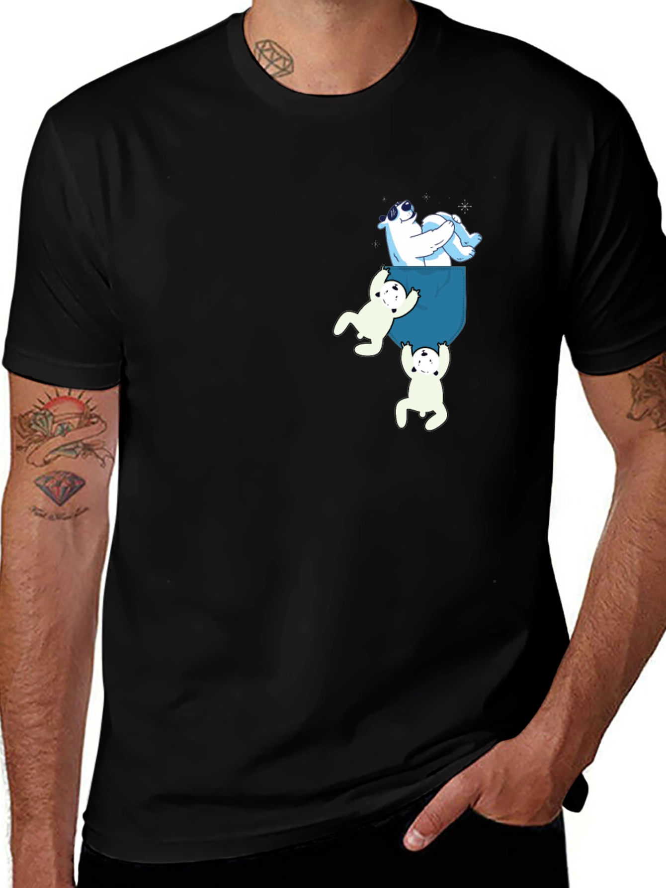 Variant 23 of Cute Bears in Pocket T-Shirt - Casual Crew Neck Tee
