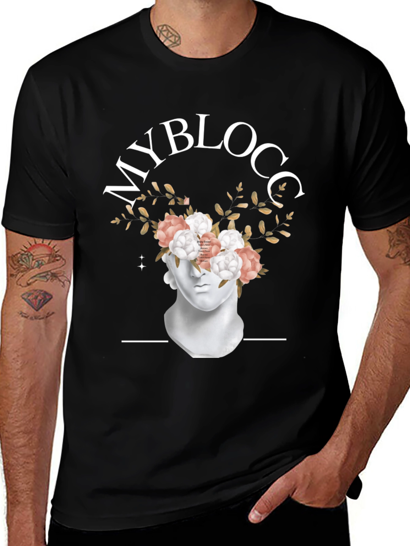 Variant 19 of MyBlocc Black Graphic Tee - Floral Statue Design