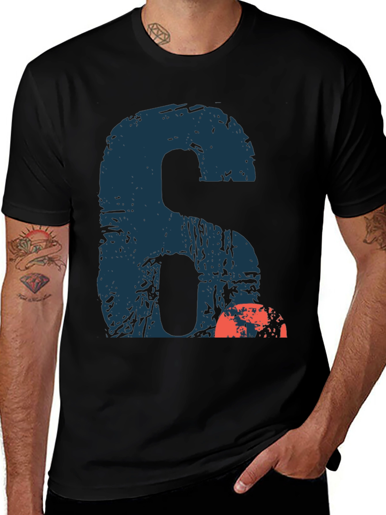Black Graphic Number Six T-Shirt - Casual Wear main image