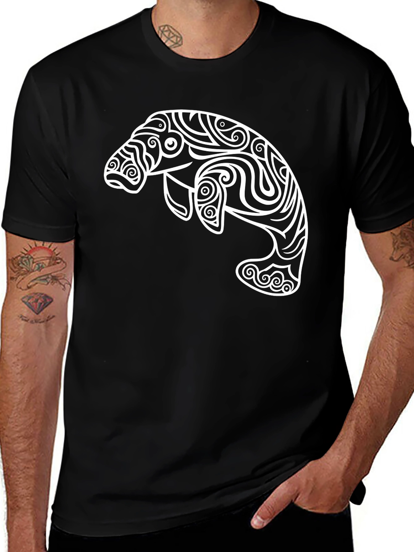 Variant 2 of Manatee Graphic Tee - Unique Design, Black Cotton