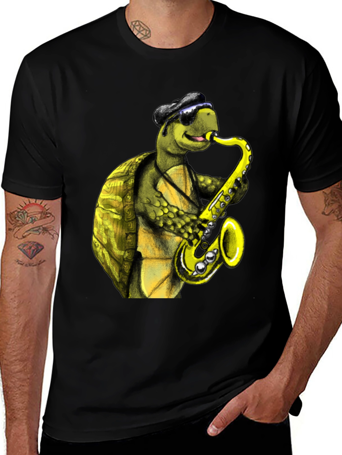 Variant 28 of Cool Turtle Saxophone T-Shirt - Black Cotton Tee