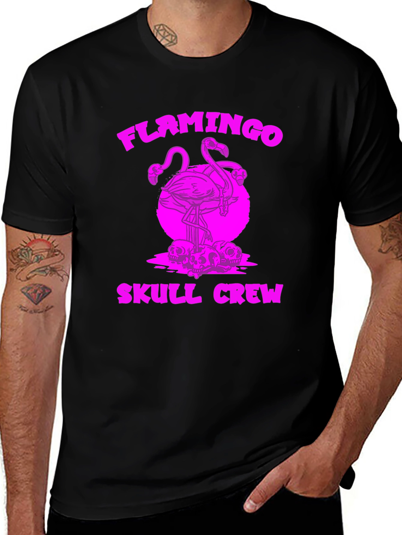 Variant 23 of Flamingo Skull Crew Black T-Shirt Graphic Tee