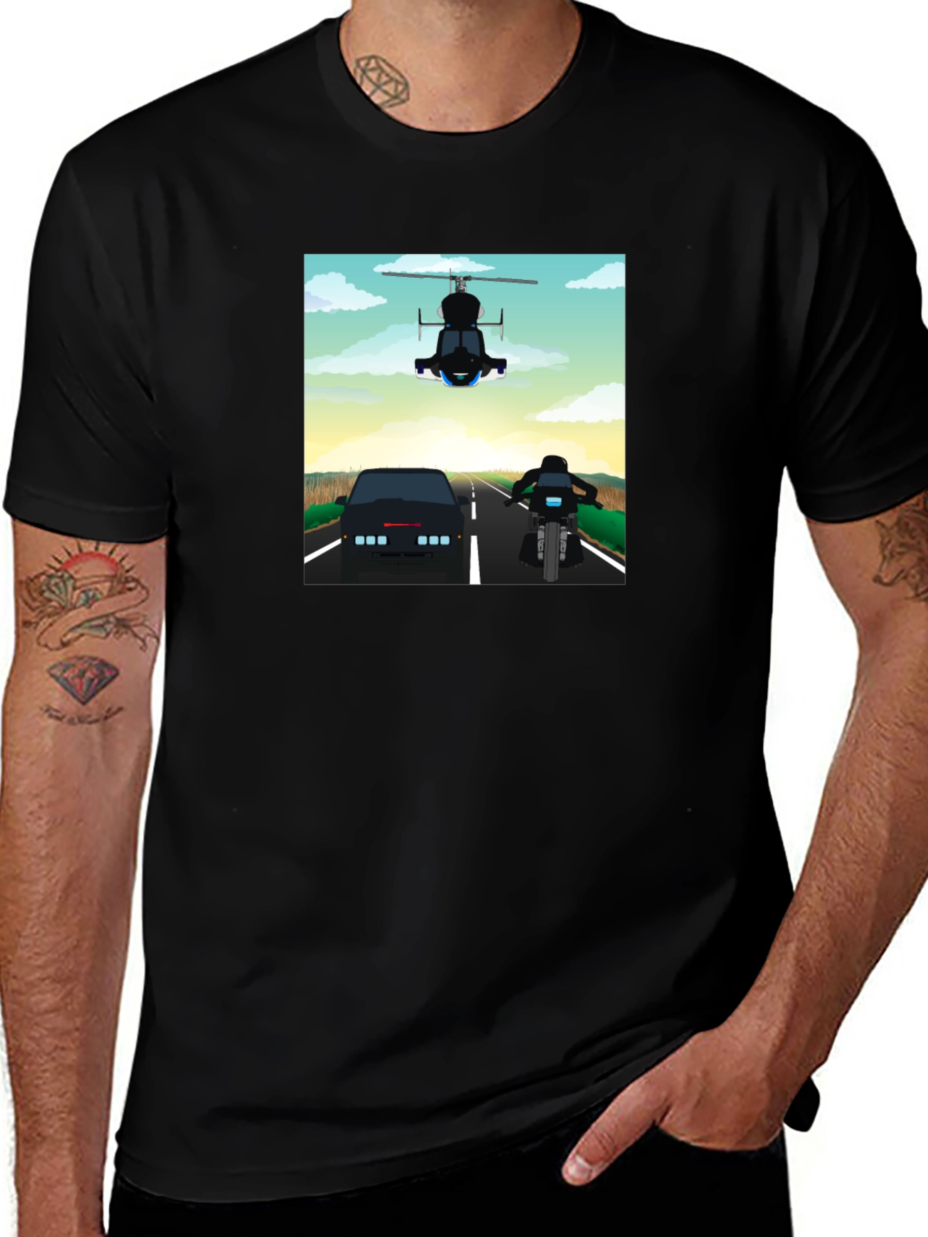 Variant 6 of Retro Cartoon Car Chase Black T-Shirt