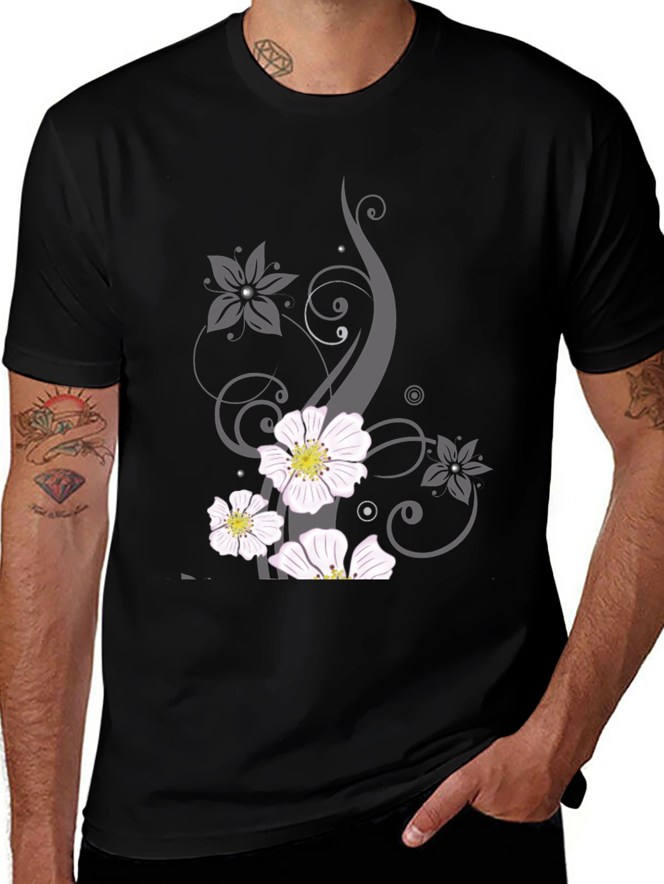 Variant 21 of Floral Swirl Graphic Black T-Shirt