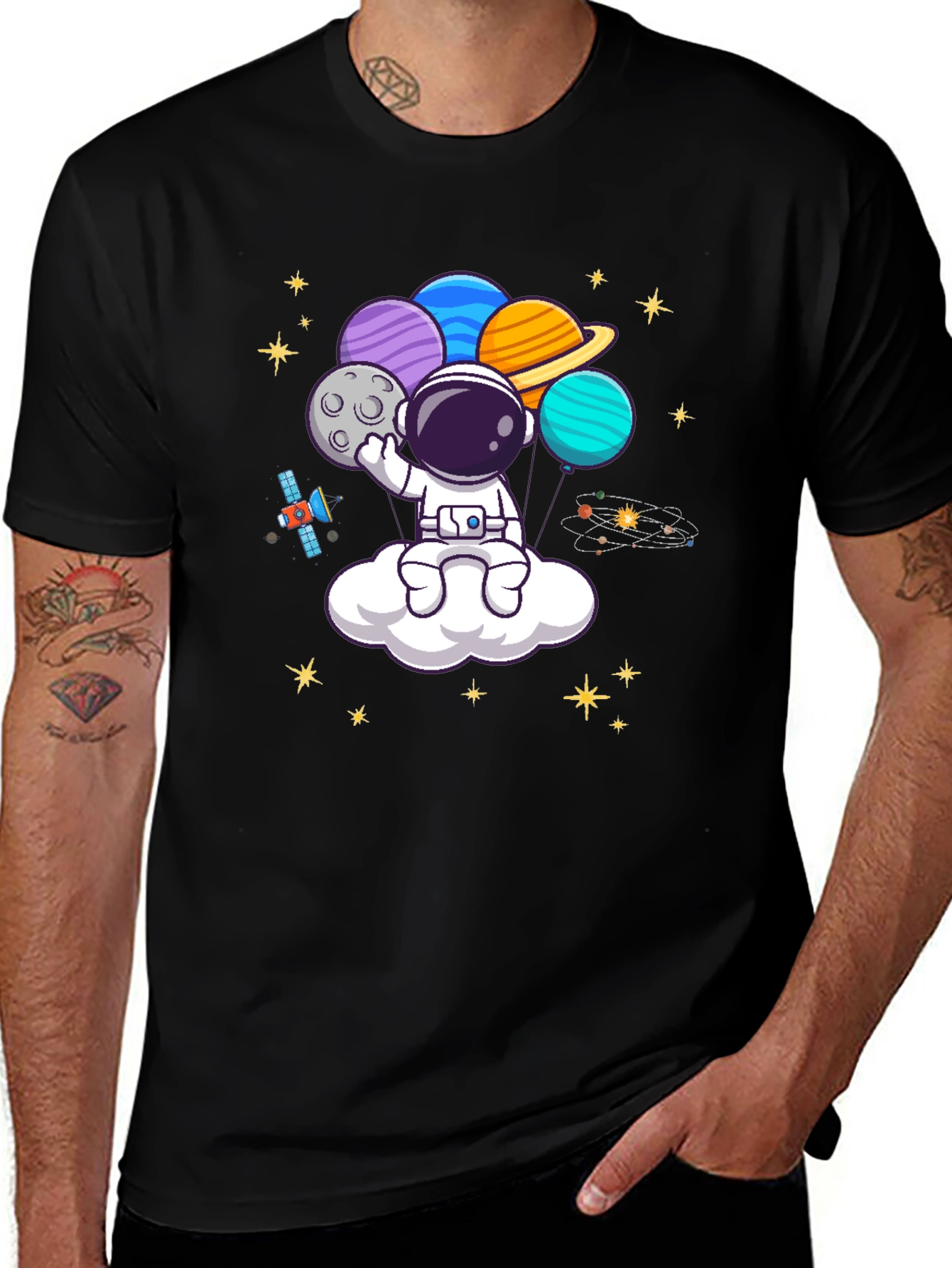Variant 20 of Astronaut Planet Balloons Graphic Tee - Black