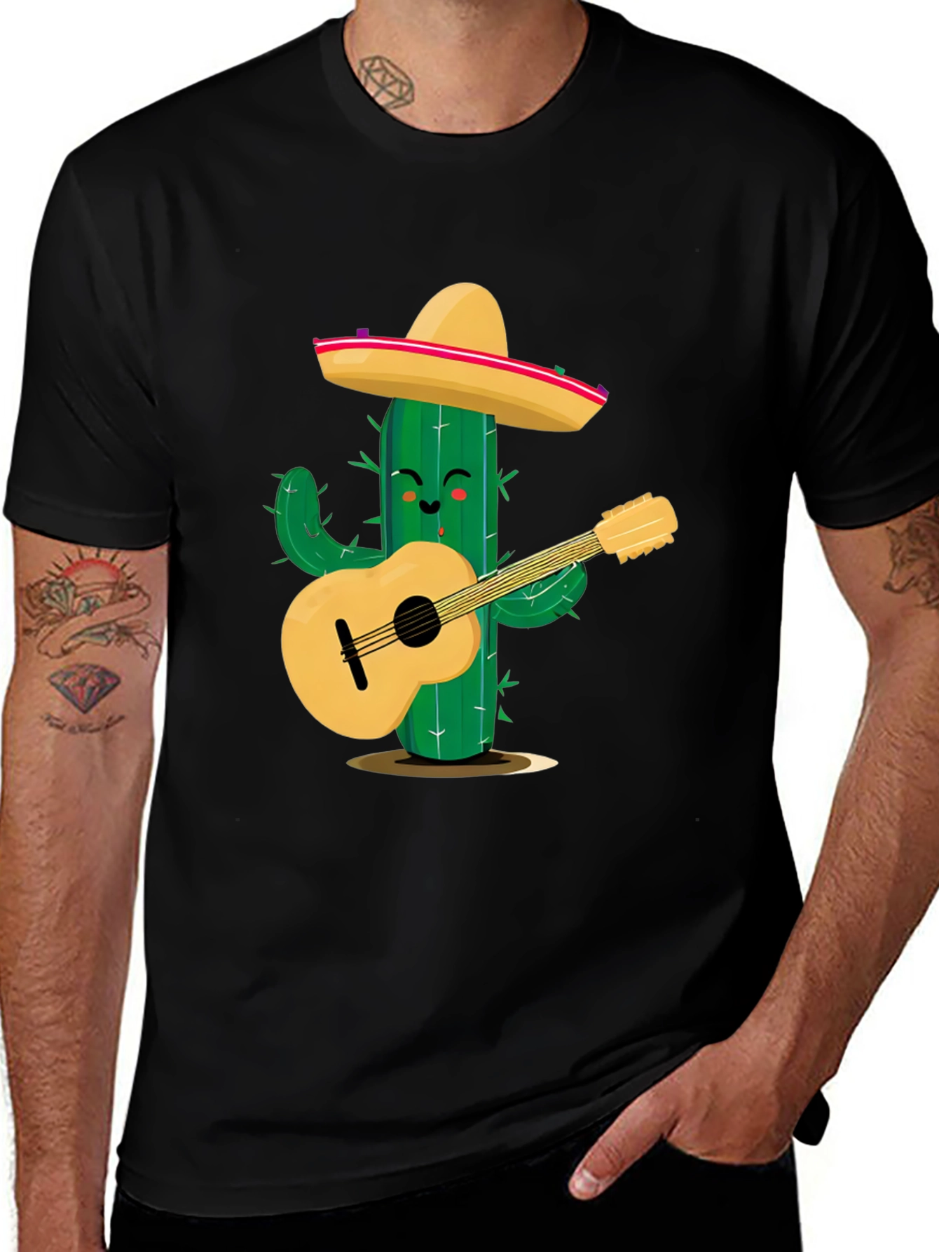 Variant 15 of Musical Cactus Graphic Tee - Black Cotton T-Shirt