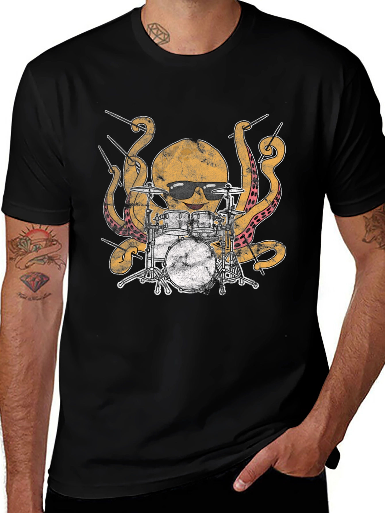 Variant 20 of Octopus Drummer Graphic T-Shirt - Black