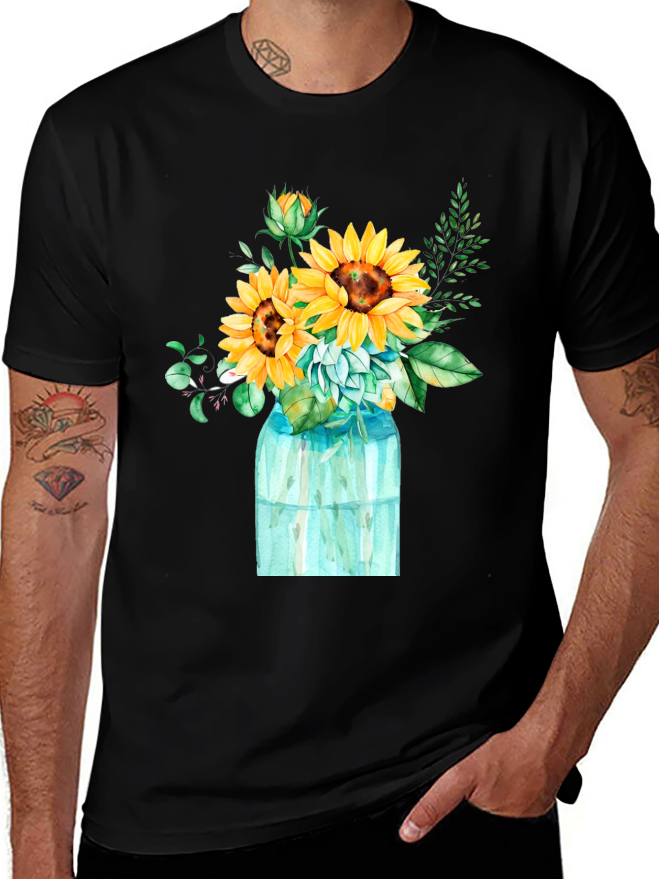 Variant 8 of Sunflower Bouquet Graphic Tee - Black Cotton Blend