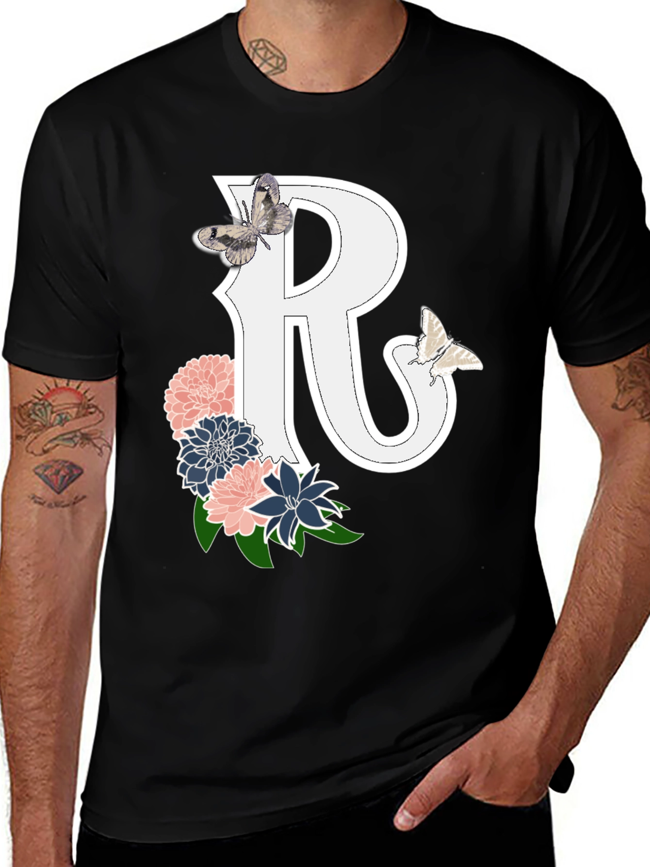 Floral Letter R Tee - Butterfly Accent