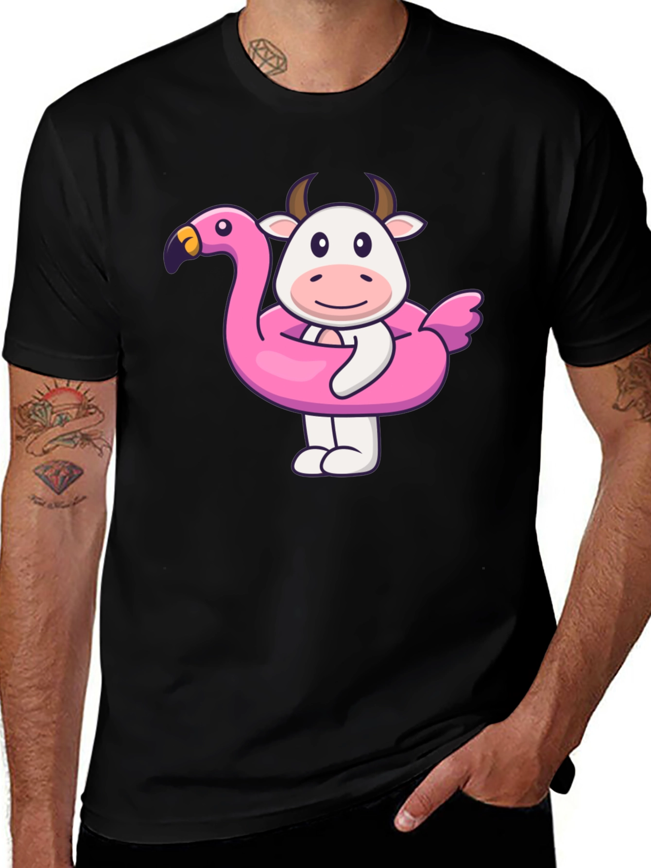 Variant 27 of Funny Cow Flamingo Pool Float Black T-Shirt