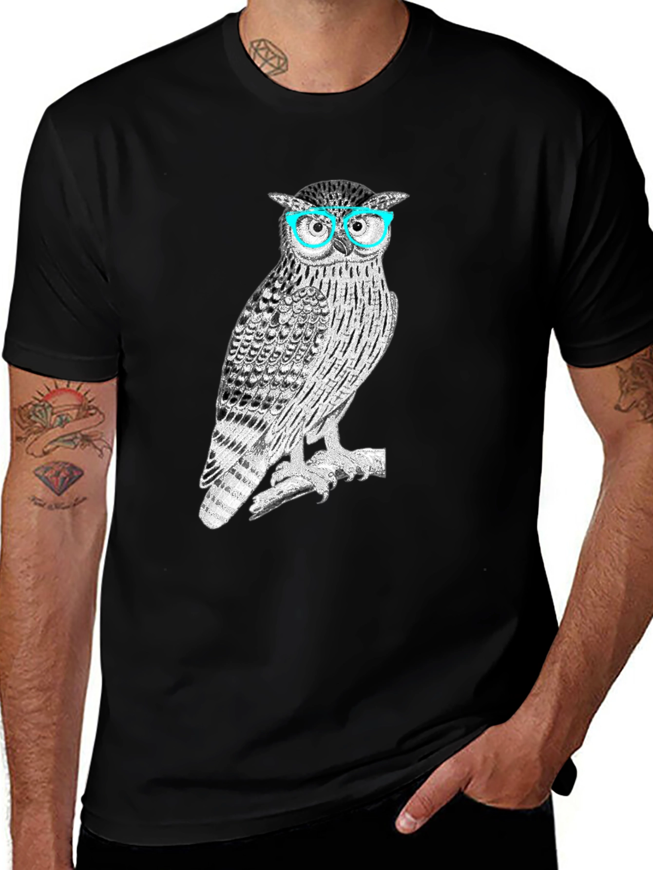 Hipster Owl T-Shirt - Black Cotton Blend