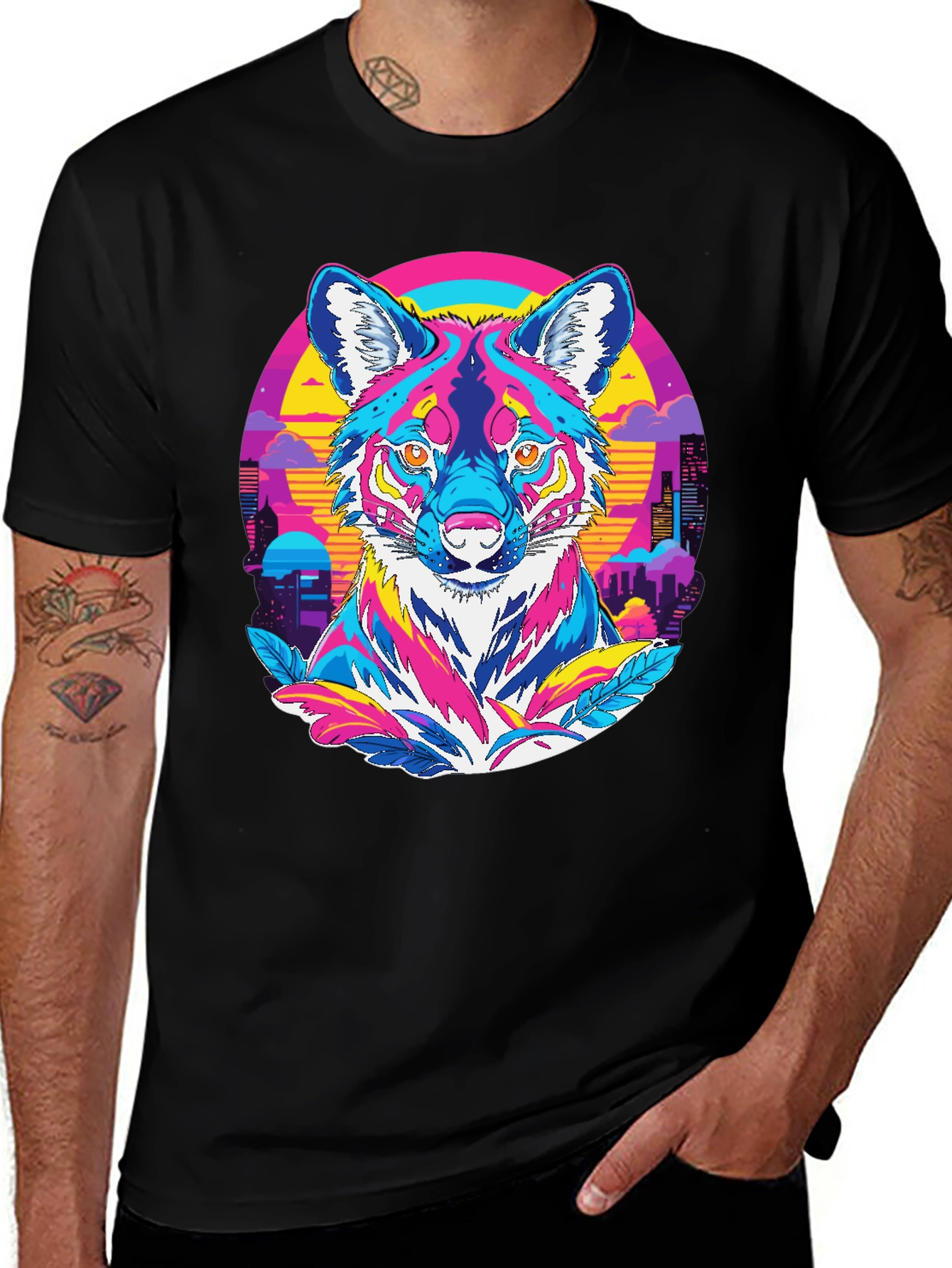 Variant 3 of Vibrant Wolf Graphic Tee - Retro Cityscape Design