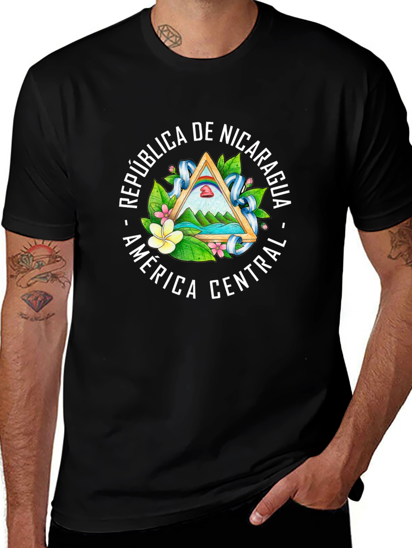 Nicaragua Flag Emblem Black T-Shirt