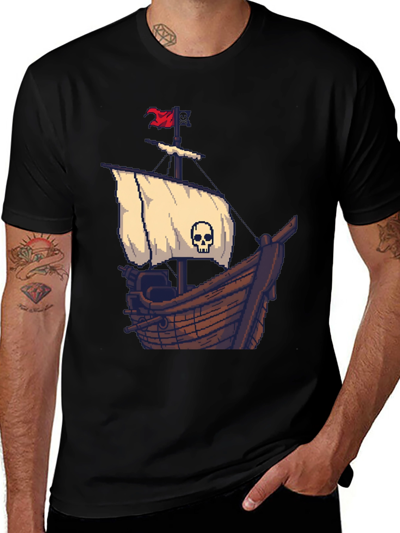 Pirate Ship Pixel Art Black T-Shirt