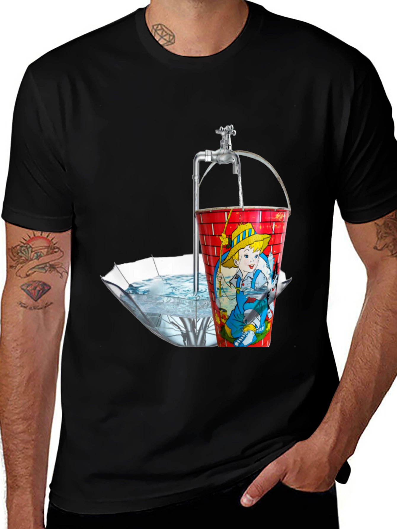 Variant 5 of Unique Graphic Tee: Faucet & Cartoon Bucket Design