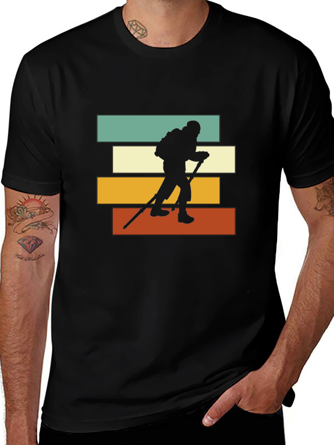 Variant 3 of Hiking Silhouette Retro Striped T-Shirt