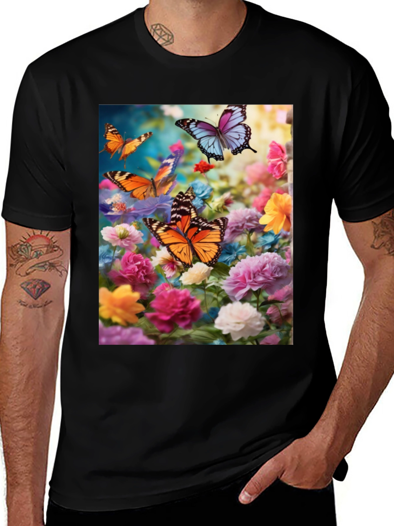 Butterfly Floral Print Black T-Shirt
