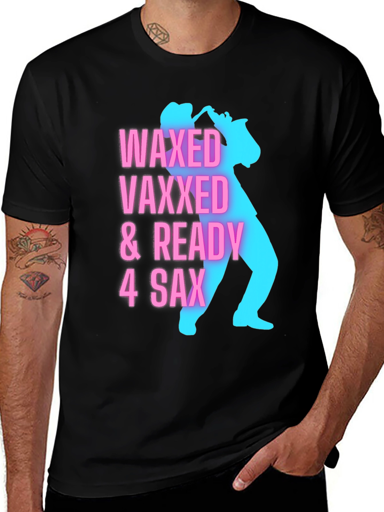 Variant 9 of Waxed, Vaxxed & Ready Saxophone Player Graphic Tee