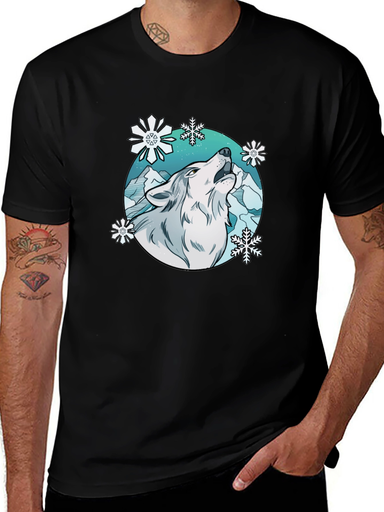 Variant 20 of Wolf Howl Snowflake Graphic T-Shirt - Winter Style