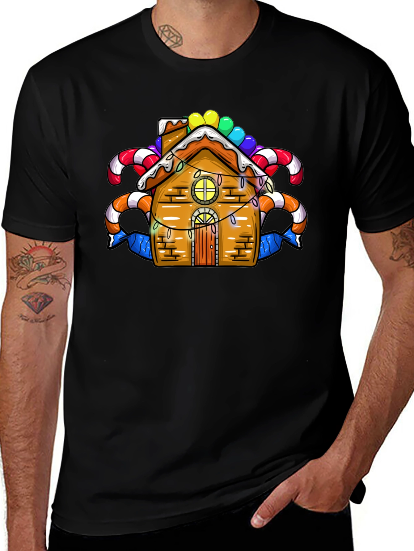 Black Festive Gingerbread House Graphic Tee main image