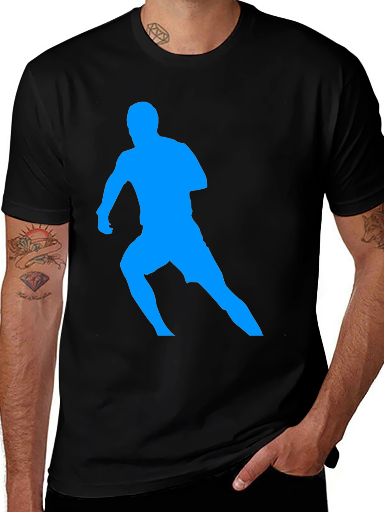 Variant 17 of Men's Black T-Shirt with Blue Runner Design