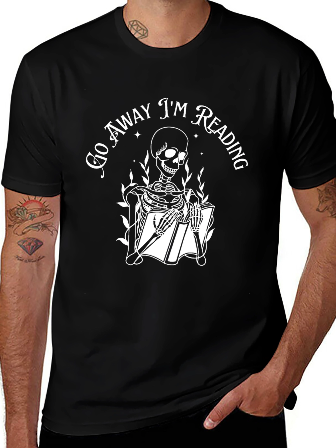 Variant 25 of Go Away I'm Reading T-Shirt, Skeleton Reader Tee