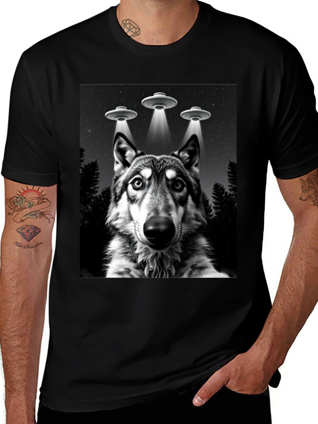 Variant 18 of Wolf UFO T-Shirt - Black Graphic Tee