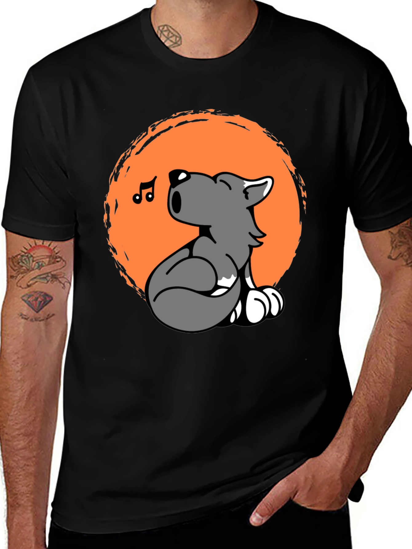 Variant 2 of Cartoon Wolf Howling Graphic Tee - Black Unisex T-Shirt