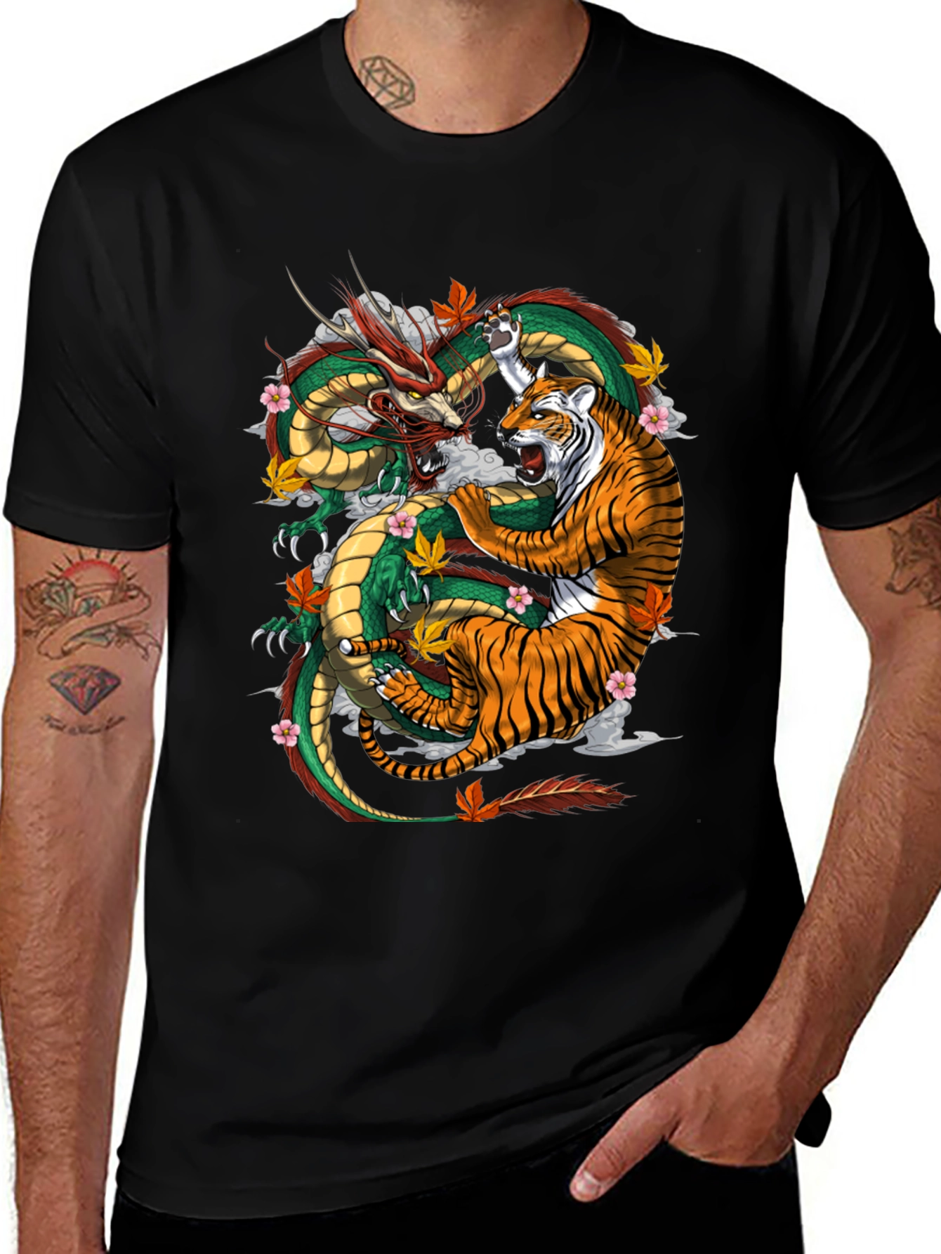 Variant 4 of Dragon vs Tiger Graphic Print Black T-Shirt
