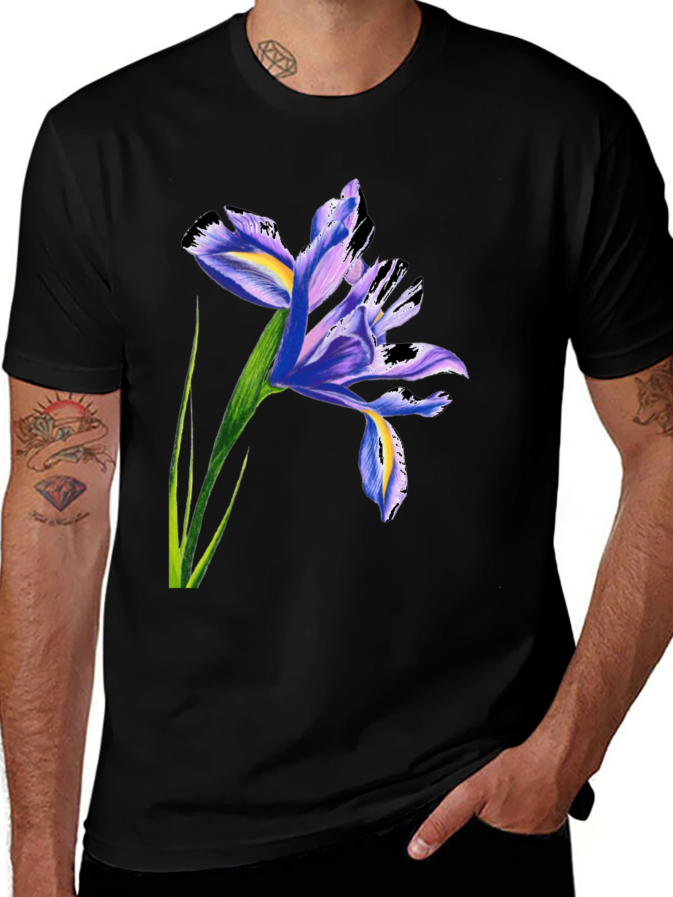 Variant 27 of Floral Iris Graphic Tee - Stylish Men's Black T-Shirt