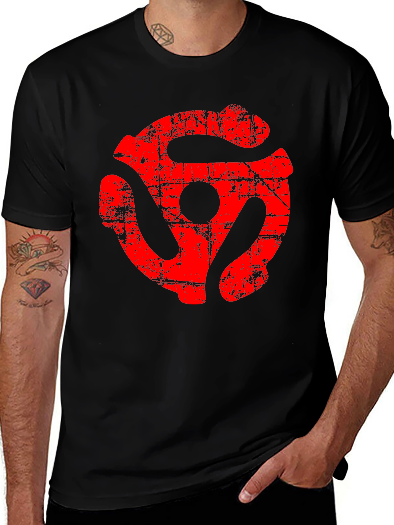 Red 45 RPM Adapter Design Black T-Shirt