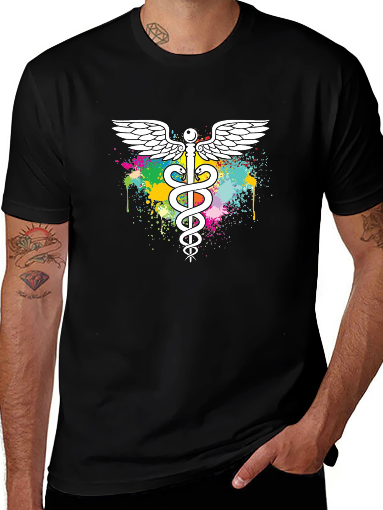 Variant 7 of Caduceus Paint Splatter T-Shirt - Medical Symbol Tee