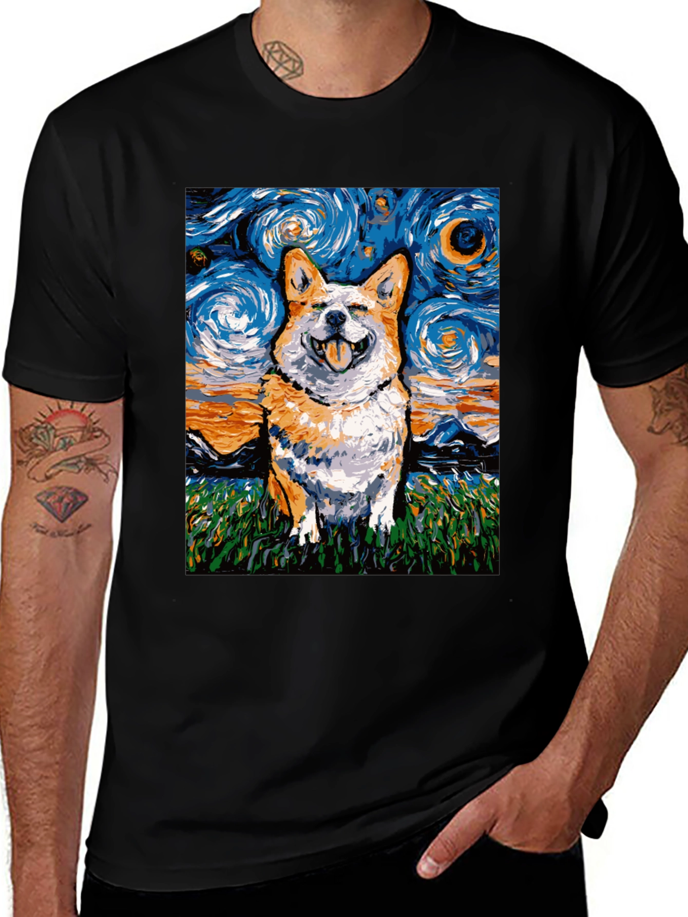 Black Starry Night Corgi T-Shirt - Artistic Dog Lover Tee main image