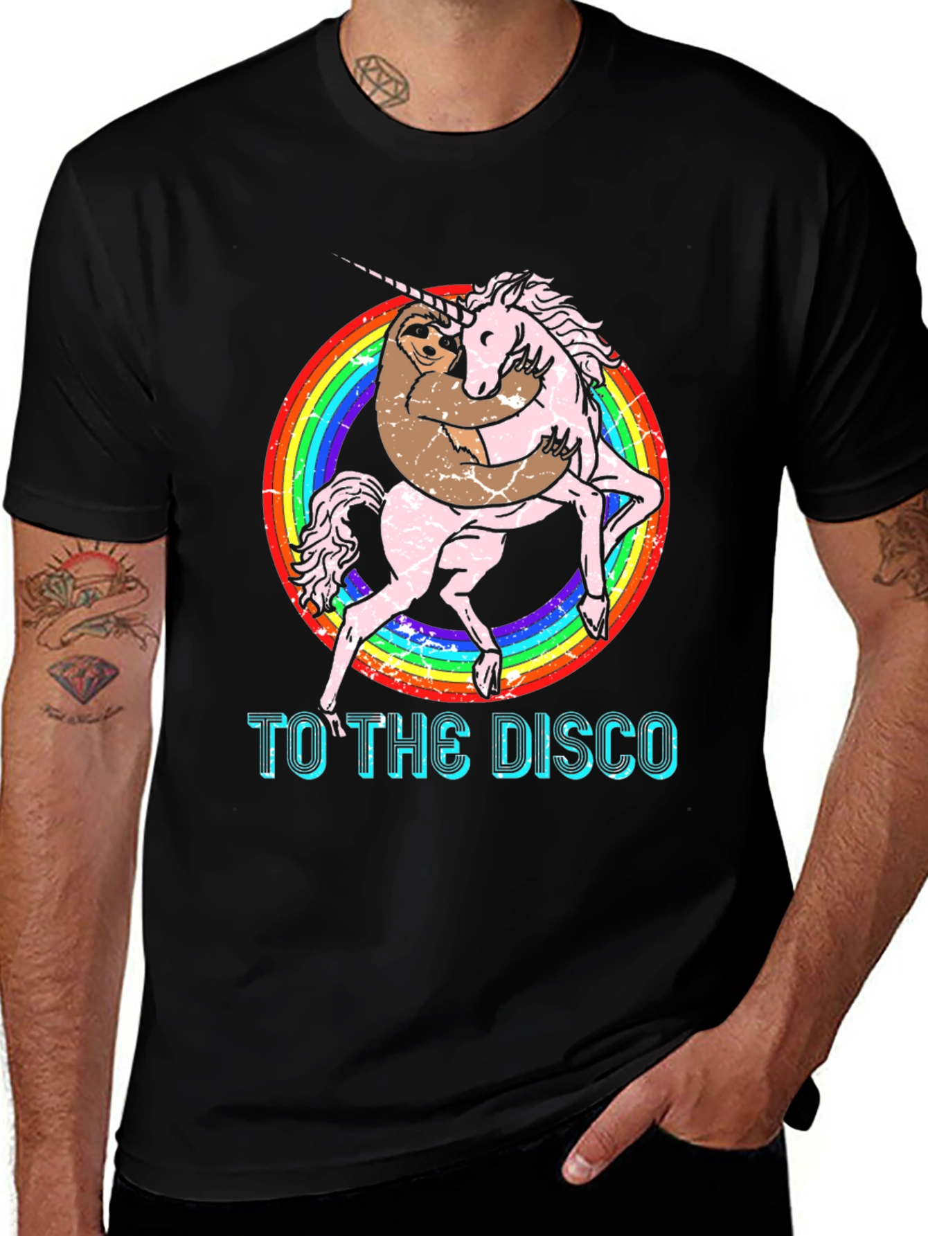 Variant 3 of Sloth Hugging Unicorn T-Shirt Rainbow Disco