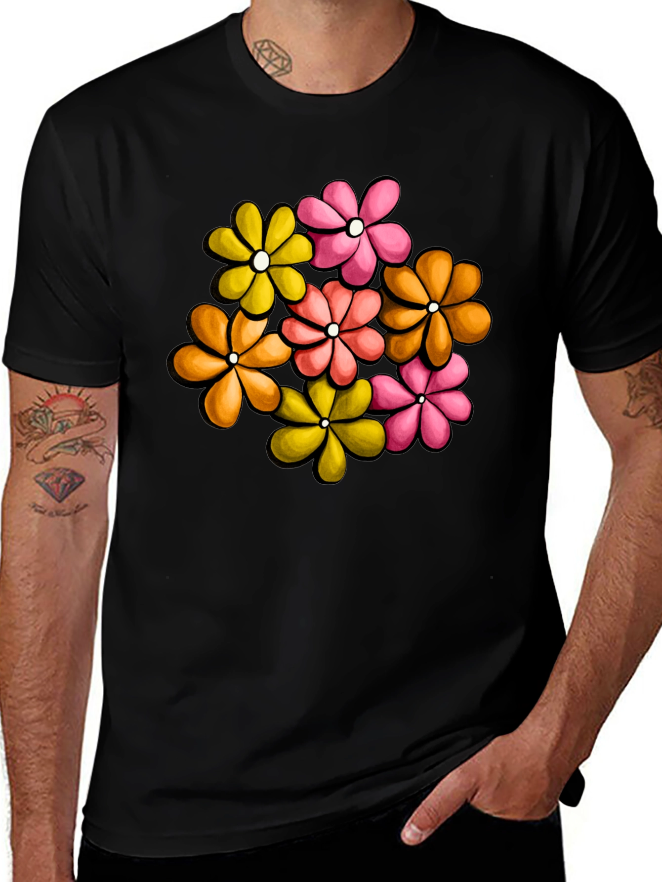 Variant 24 of Retro Floral Graphic Tee - Black Cotton T-Shirt