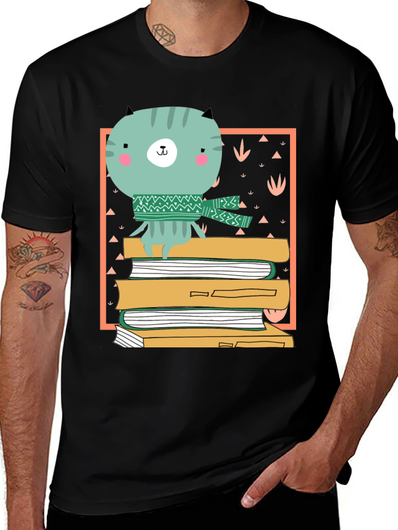 Variant 23 of Cat on Books Graphic Tee - Black Cotton Casual Shirt