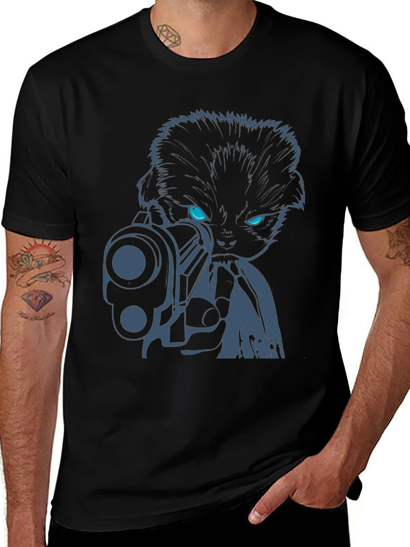 Cool Cat with Gun Graphic Tee - Black Cotton T-Shirt