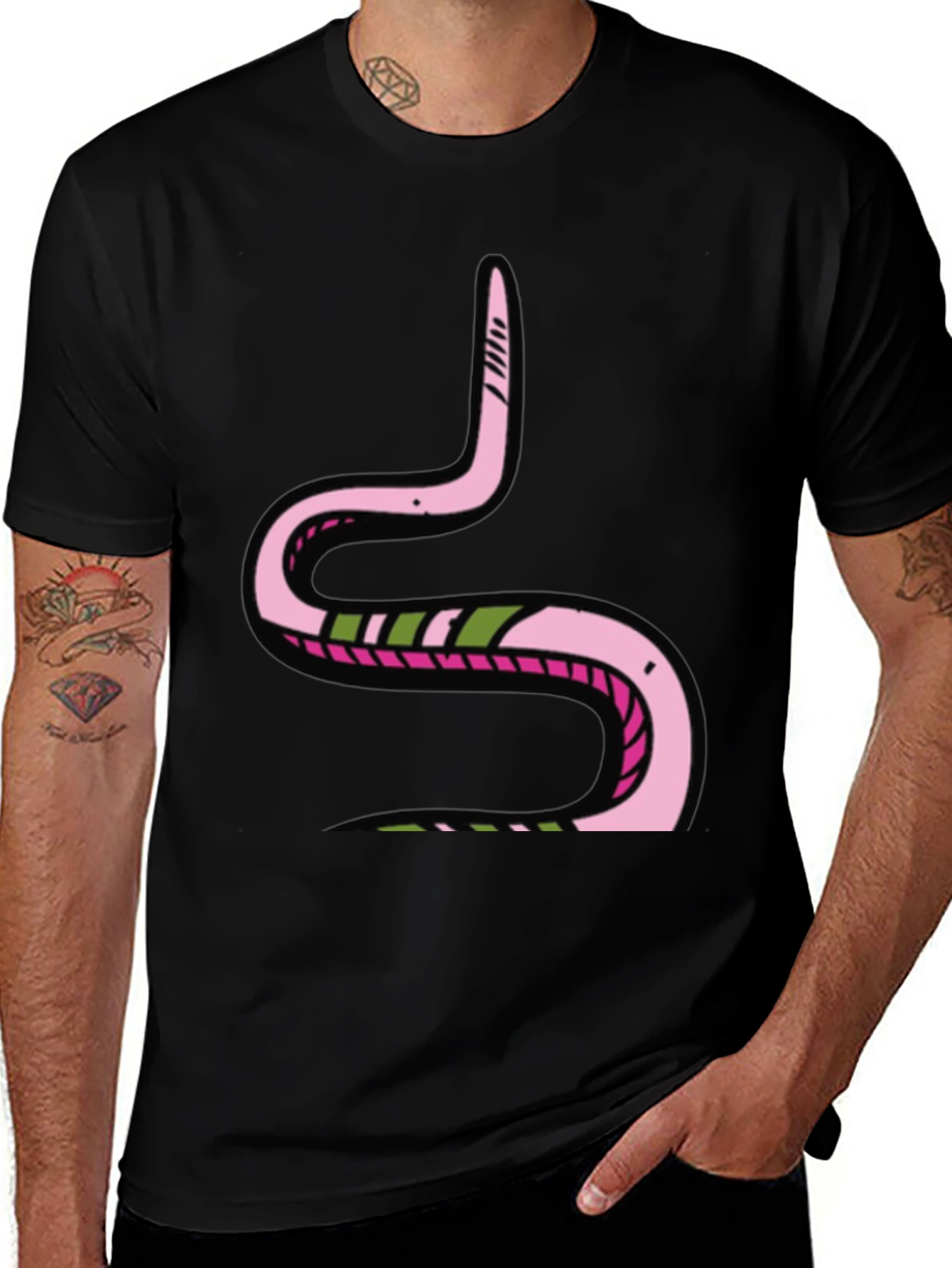 Variant 14 of Pink Snake Graphic Black Tee - Fun Cartoon Style