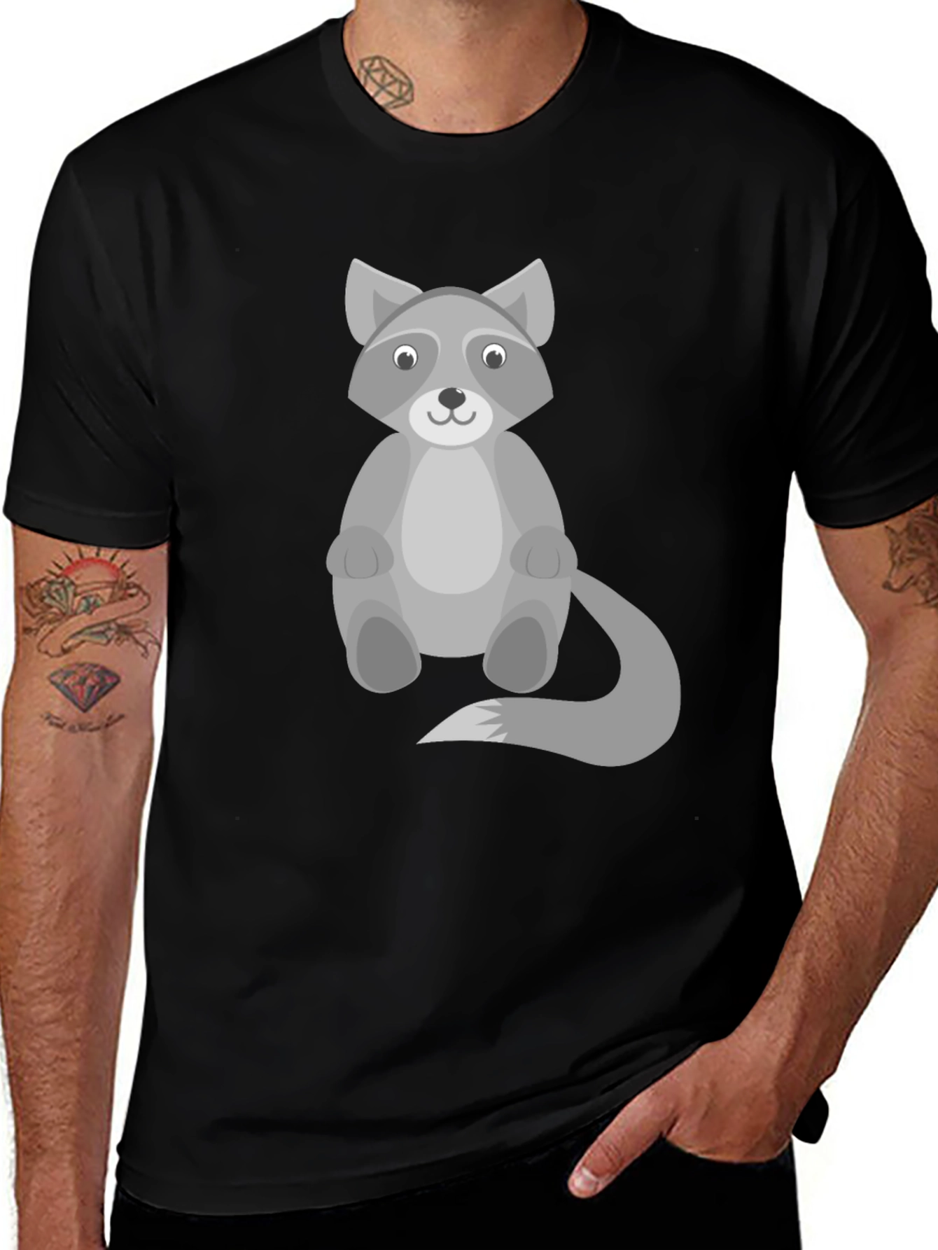 Variant 11 of Cartoon Raccoon Graphic Print Black T-Shirt
