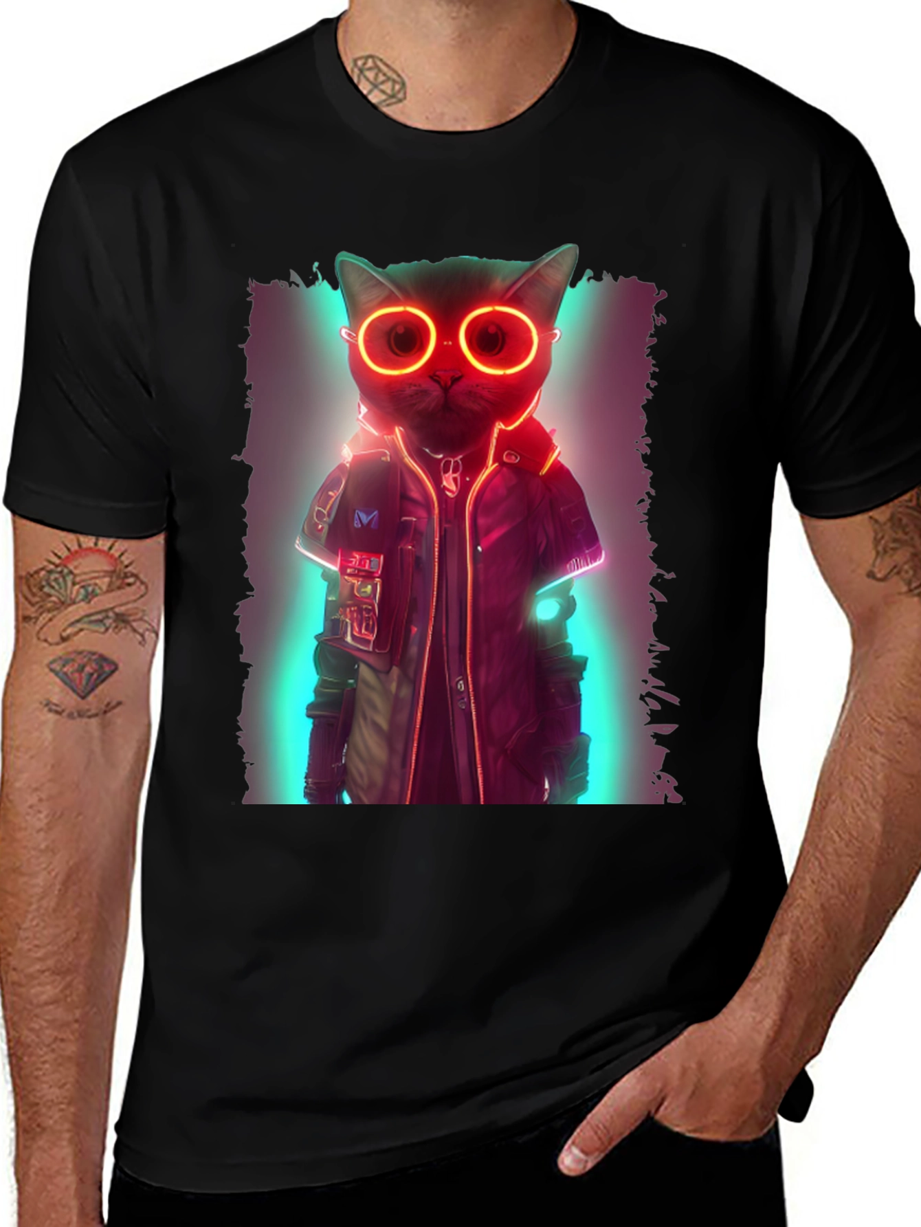 Variant 21 of Cyberpunk Cat T-Shirt - Neon Futuristic Style