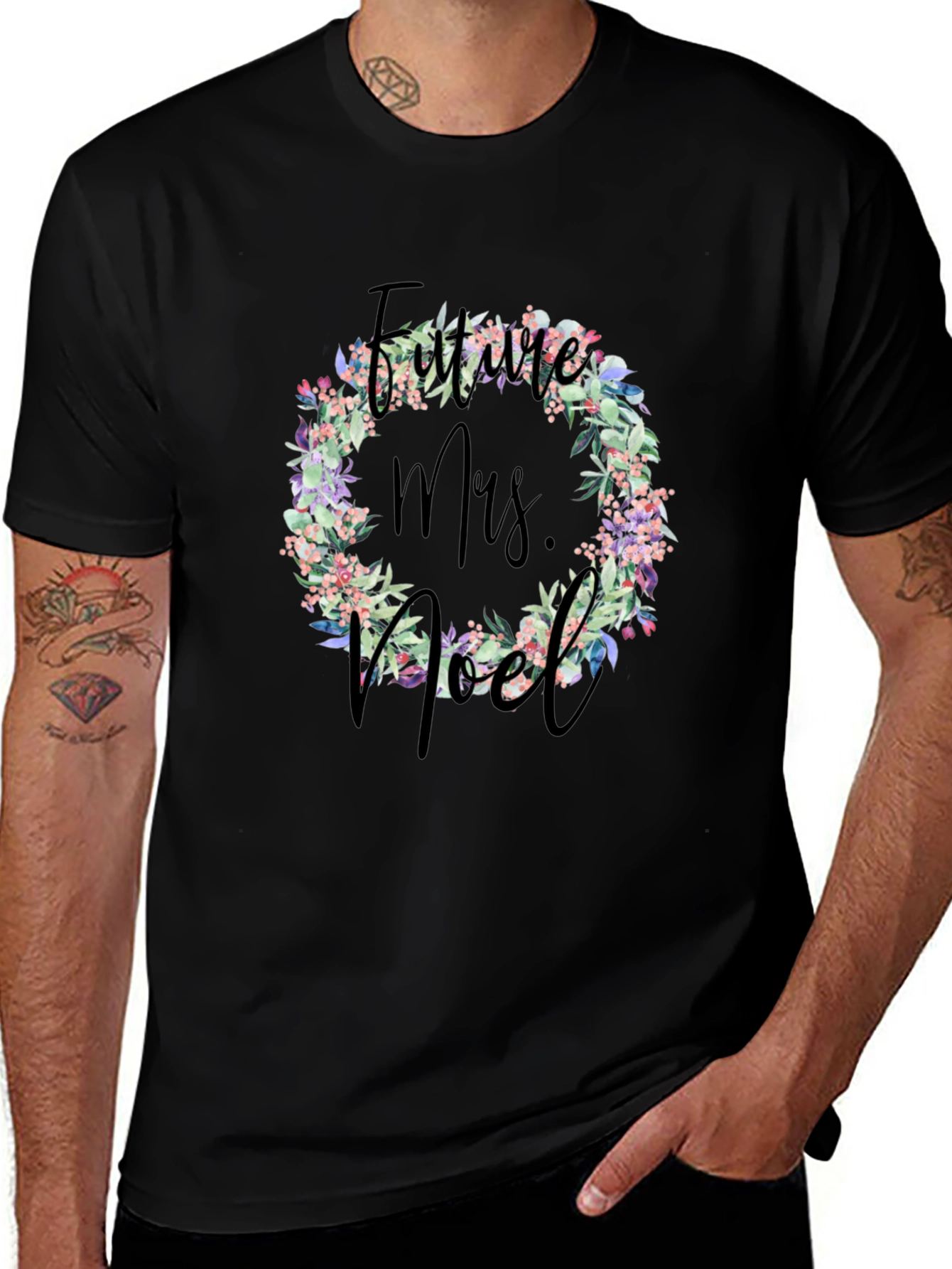 Variant 24 of Future Mrs. Noel Floral Wreath Black T-Shirt