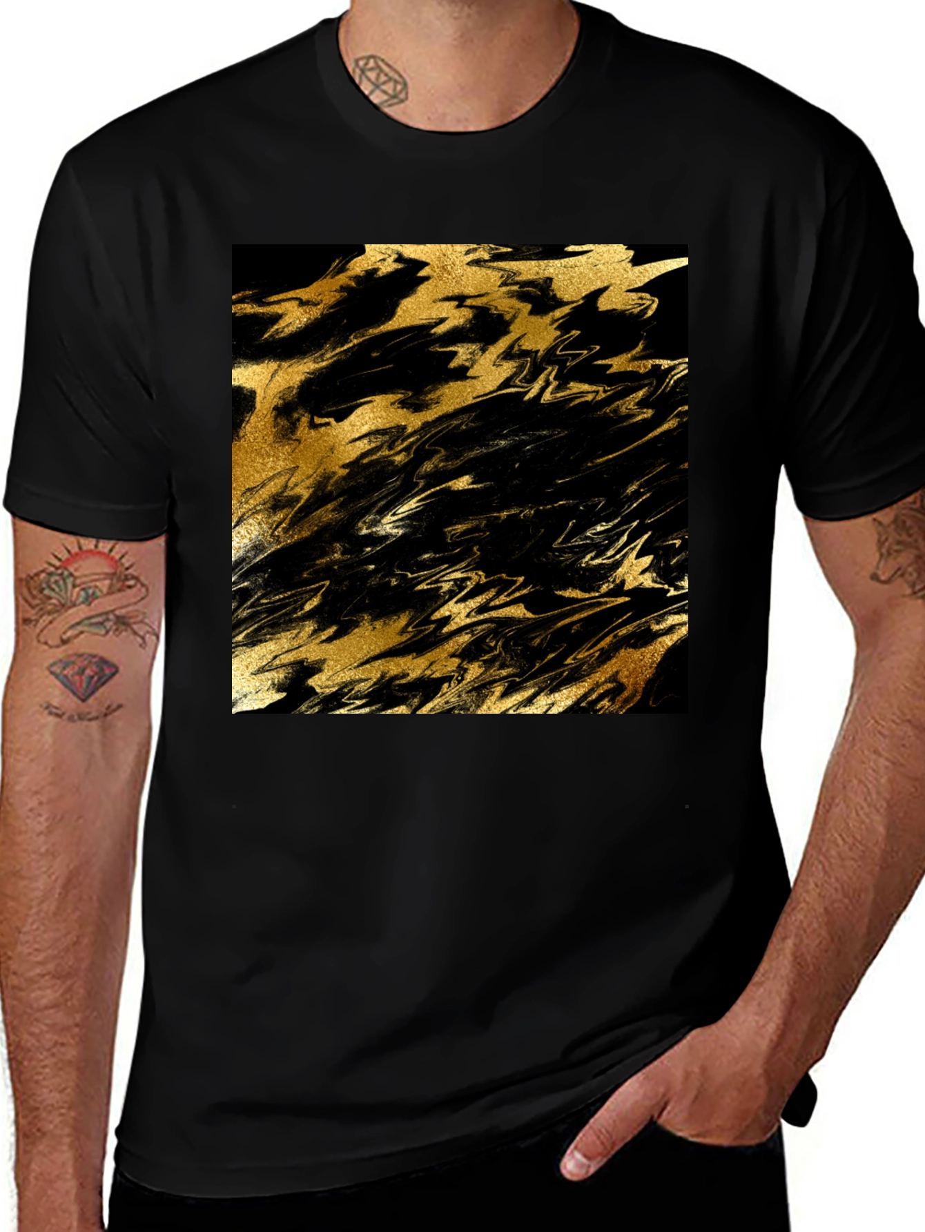Variant 21 of Gold Abstract Graphic Print Black T-Shirt