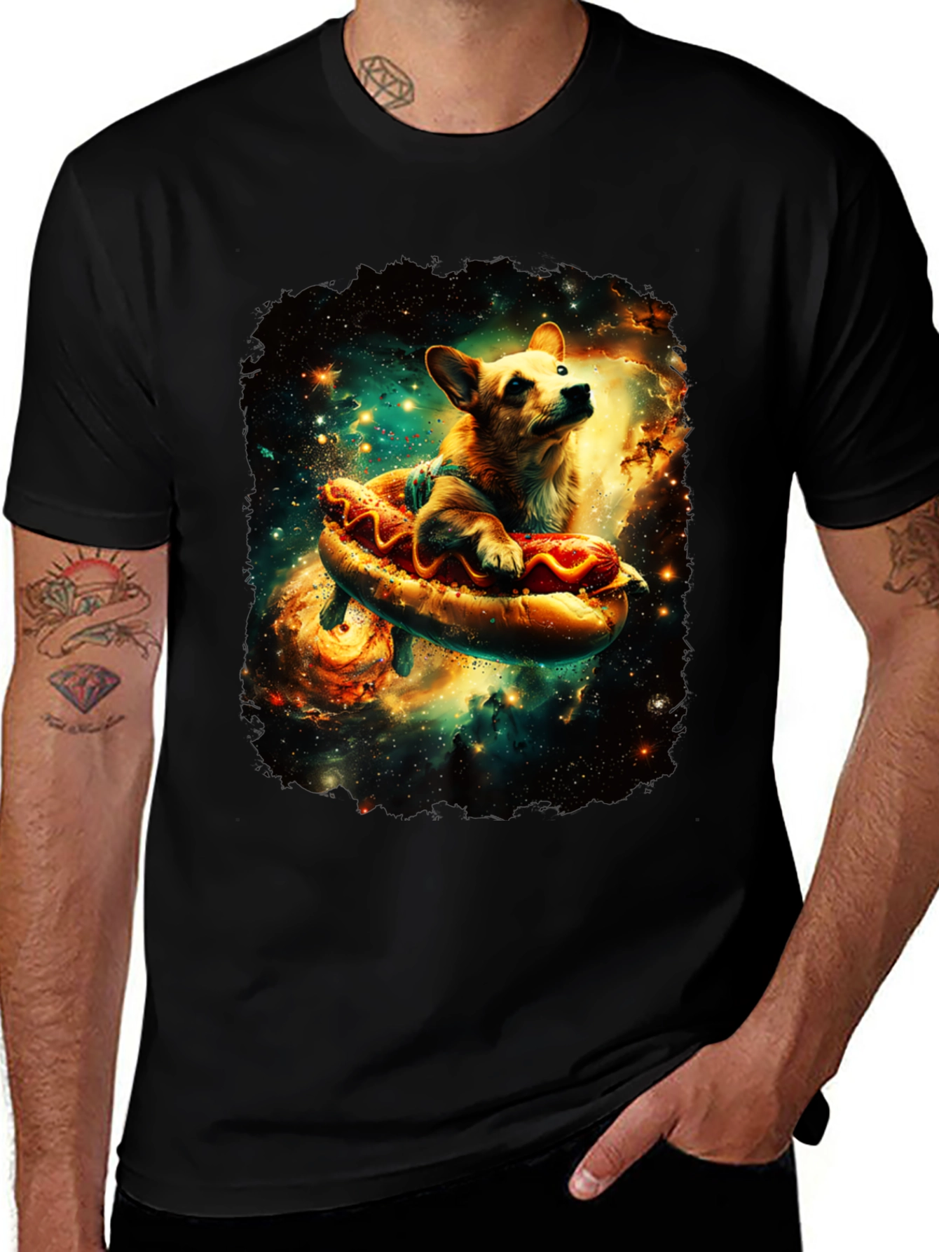 Variant 30 of Cosmic Corgi Hot Dog T-Shirt - Unique Space Dog Tee