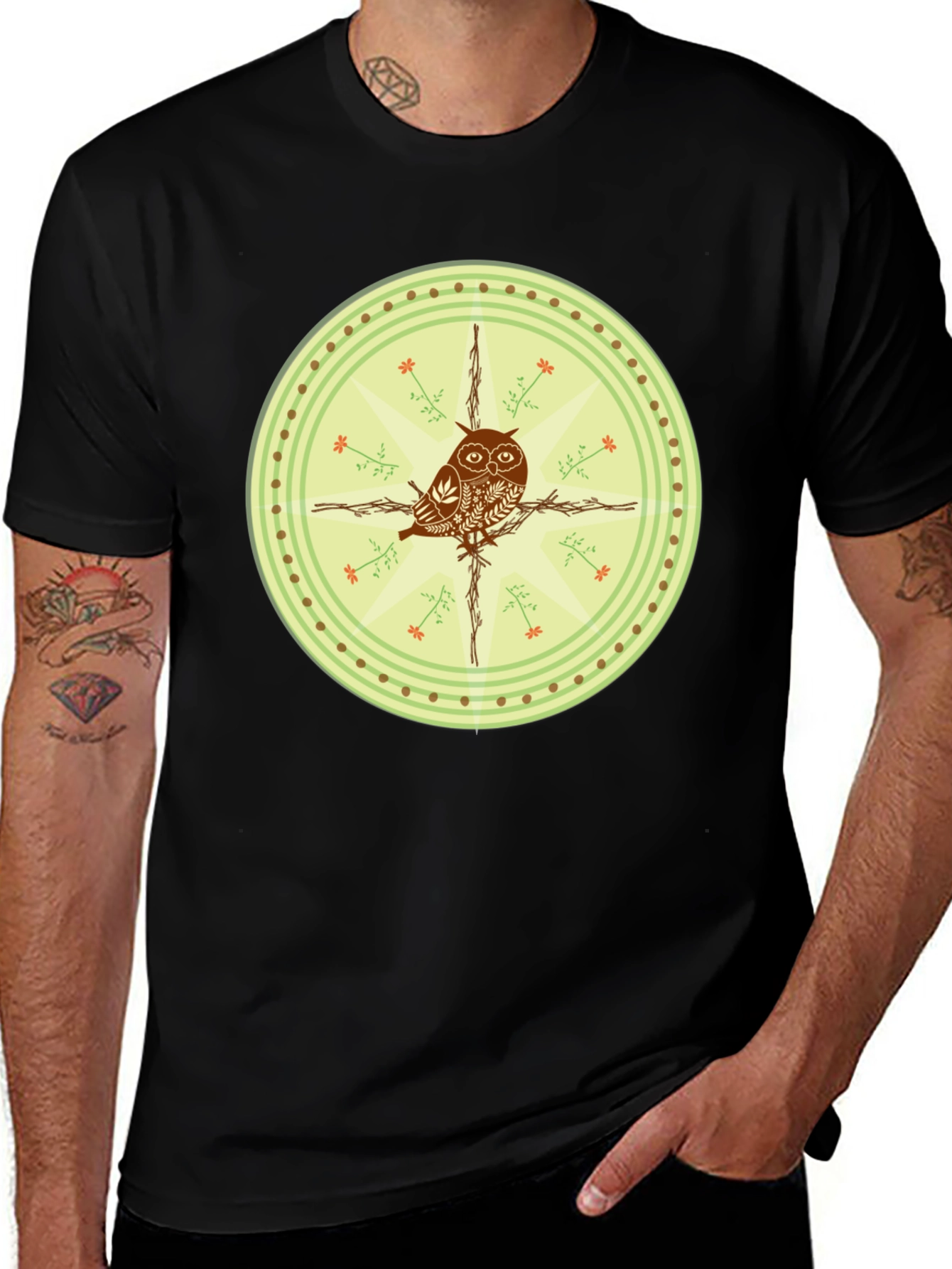 Variant 27 of Owl Compass Graphic Tee - Stylish Nature Print